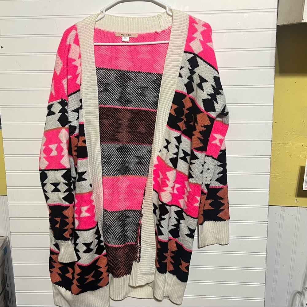 May & July Open Front Aztec Print Hot Pink/Black/White Long Cardigan Size M/L